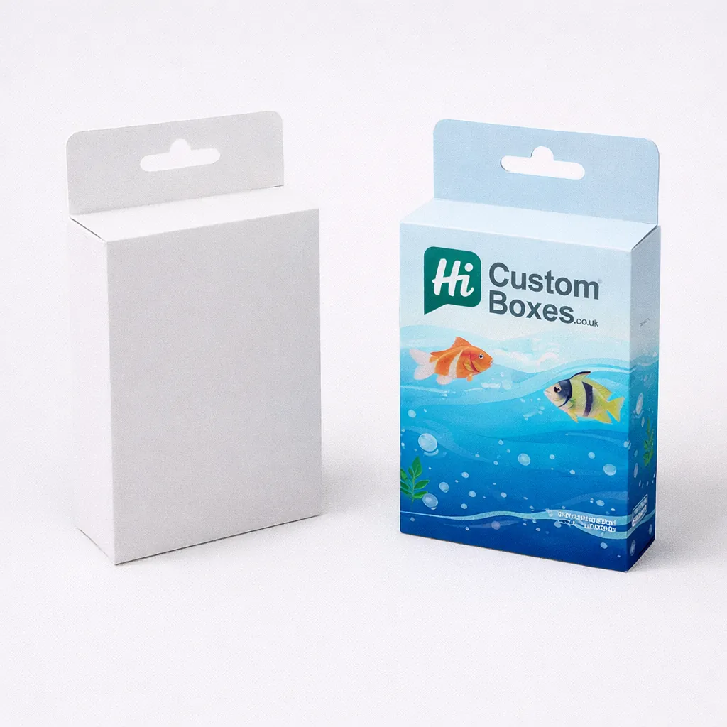 Two shallow white boxes with lids, displaying a professional blue wave and orange fish pattern. class=